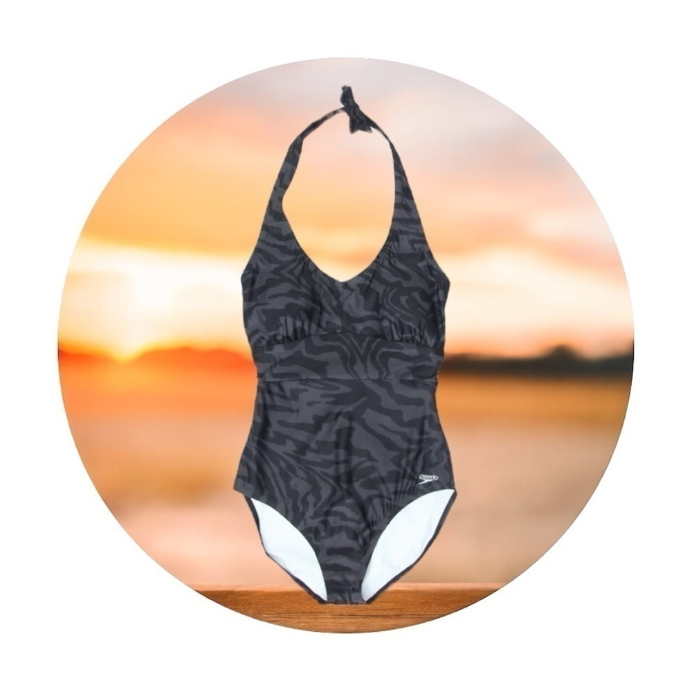 Speedo Halter One Piece Swimsuit in Grey & Black Animal Print NWOT